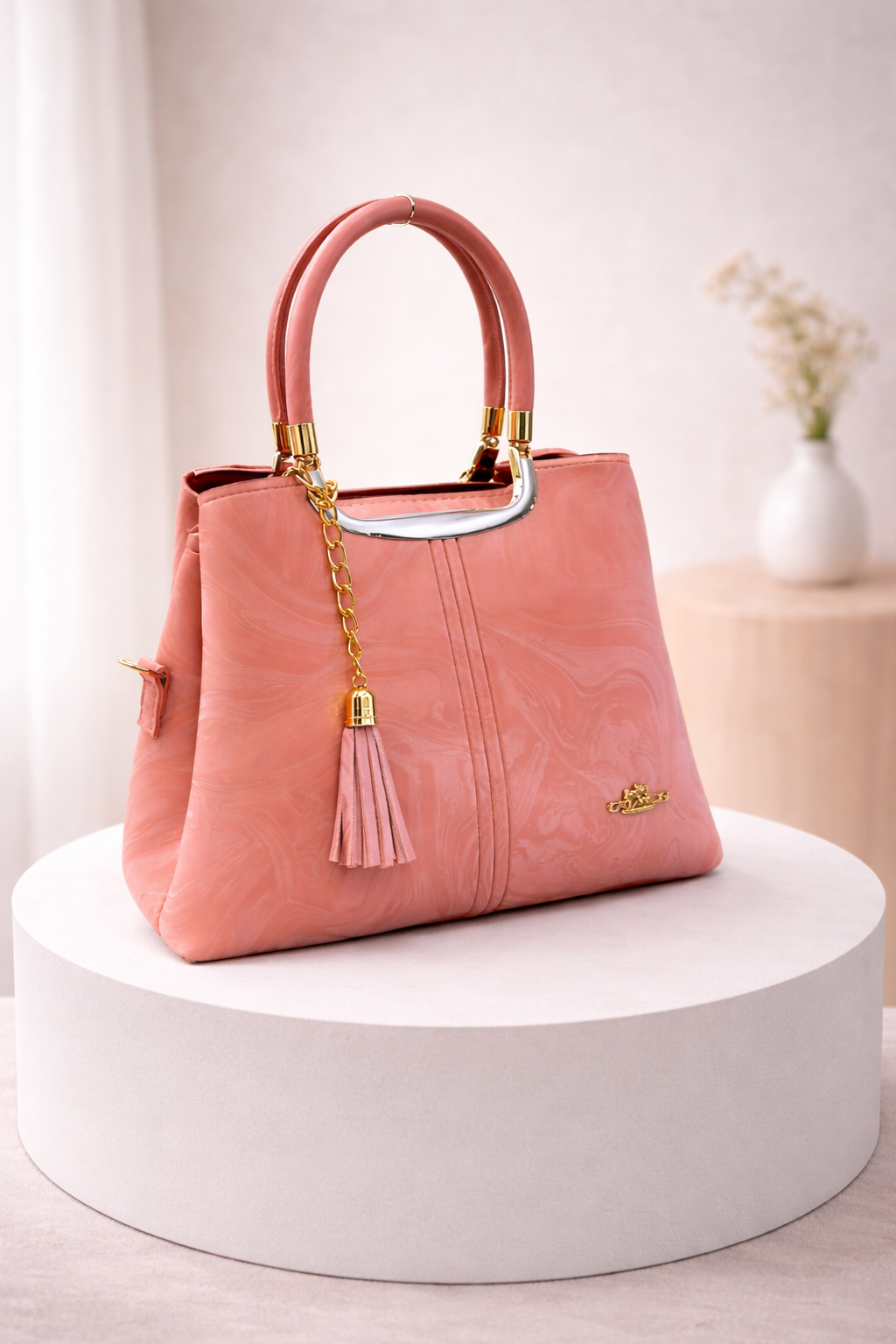 Caramel Marble Handbag with Gold Accents