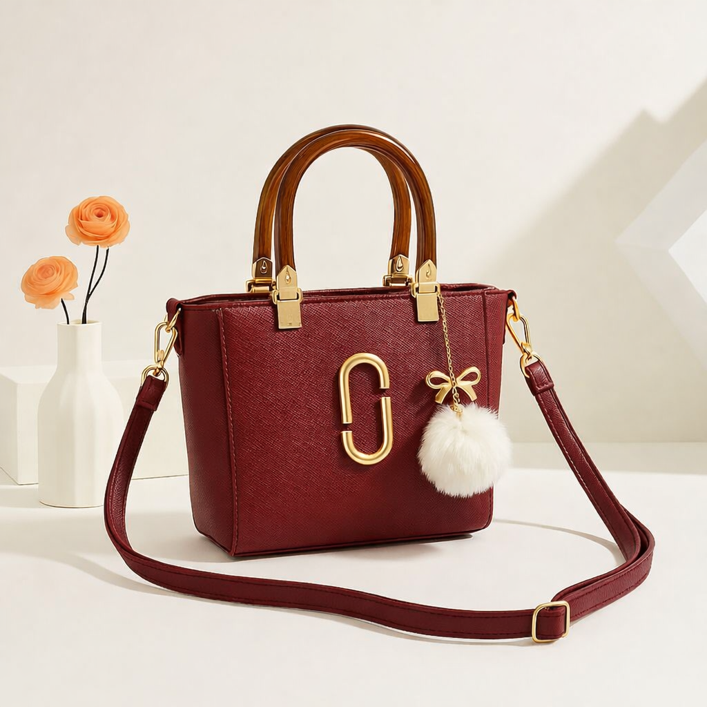 Structured Handbag with Faux Fur Charm
