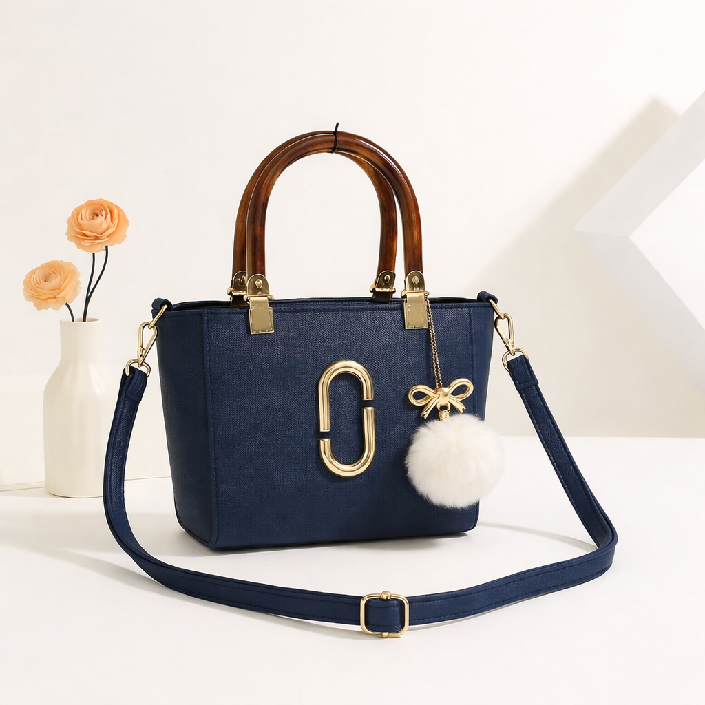 Structured Handbag with Faux Fur Charm