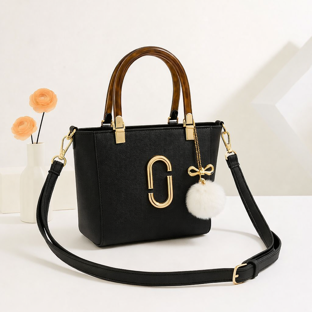 Structured Handbag with Faux Fur Charm