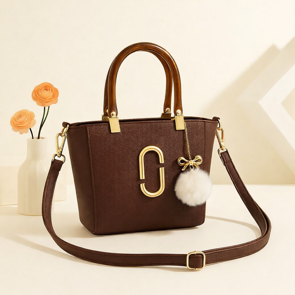 Structured Handbag with Faux Fur Charm