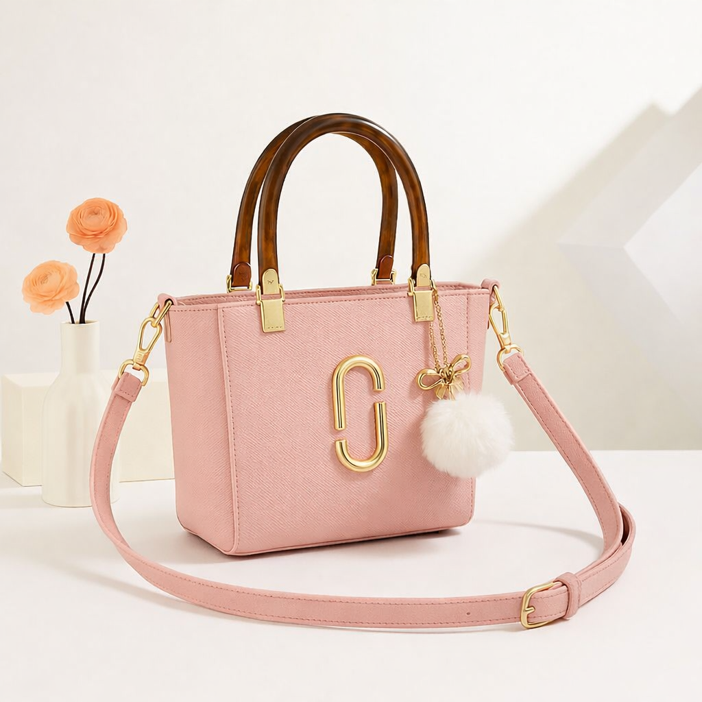 Structured Handbag with Faux Fur Charm