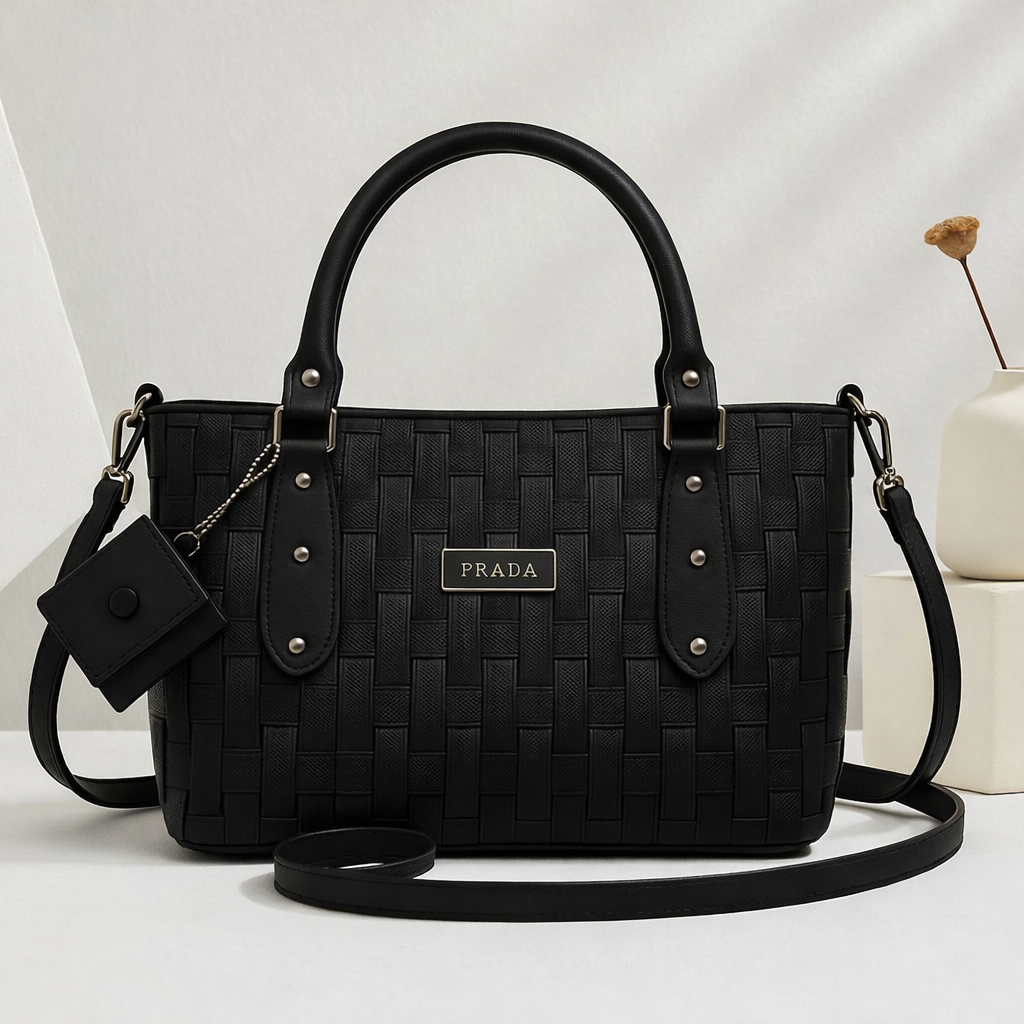 Woven Leather Handbag with Detachable Strap