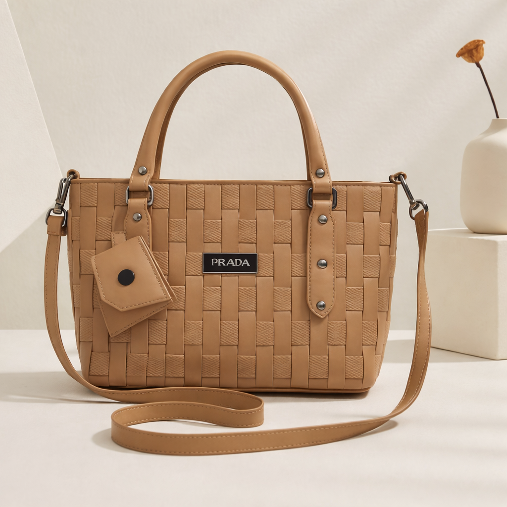 Woven Leather Handbag with Detachable Strap