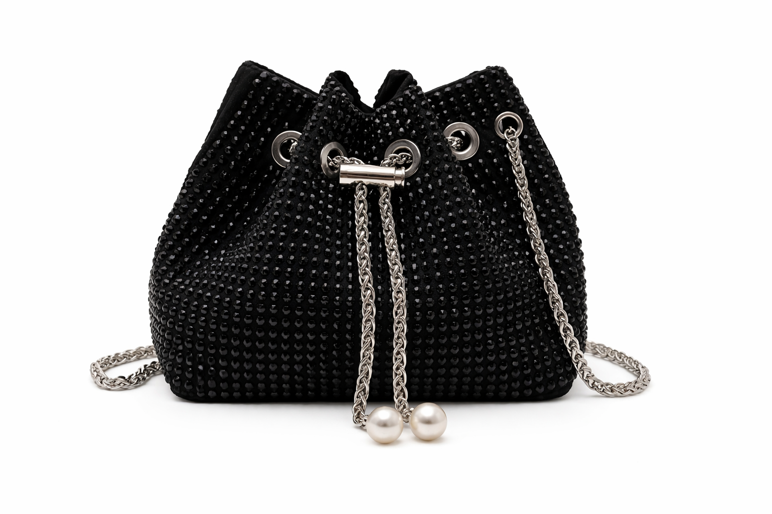Black Crystal Drawstring Bucket Bag