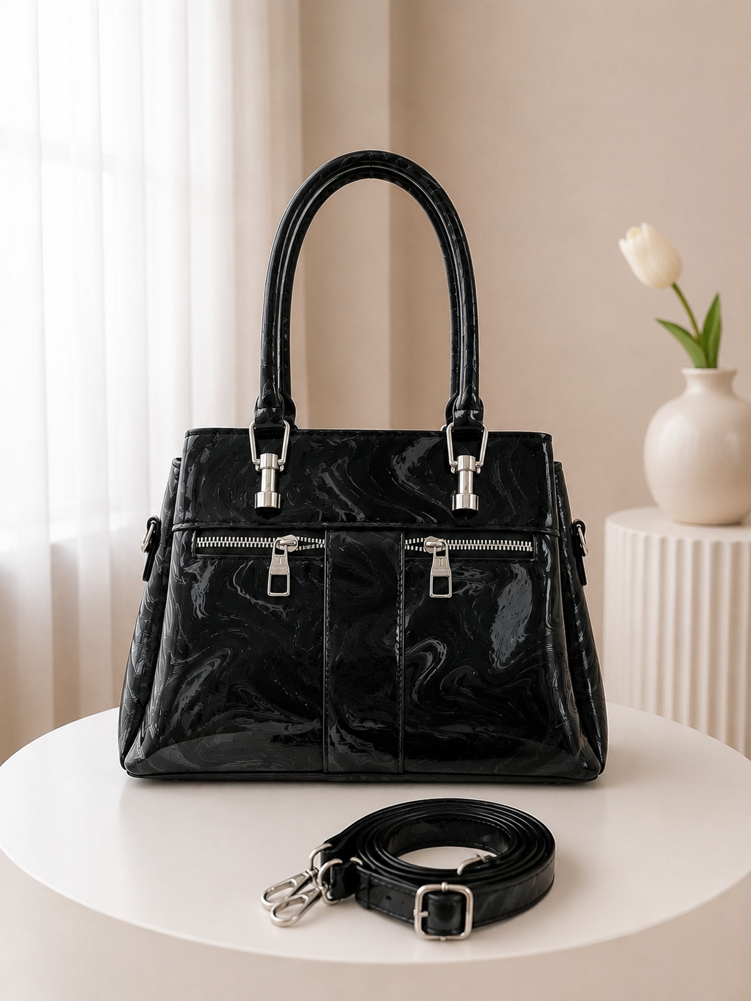 Polished Handbag with Shoulder Strap