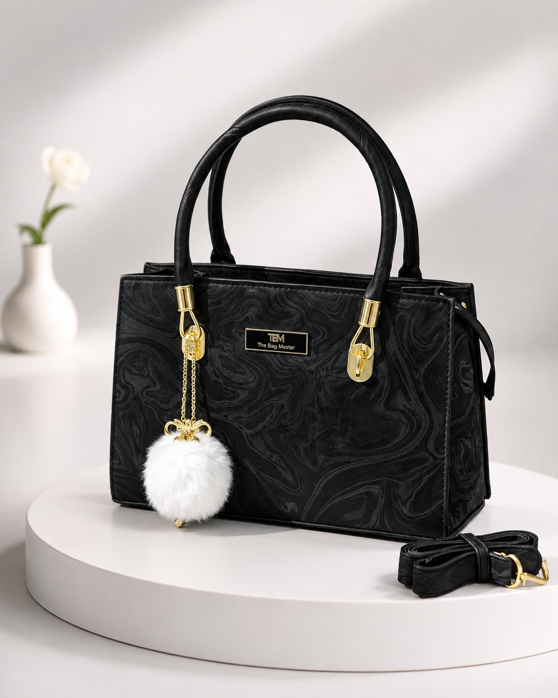 Charming Structured Handbag with Fluffy Charm