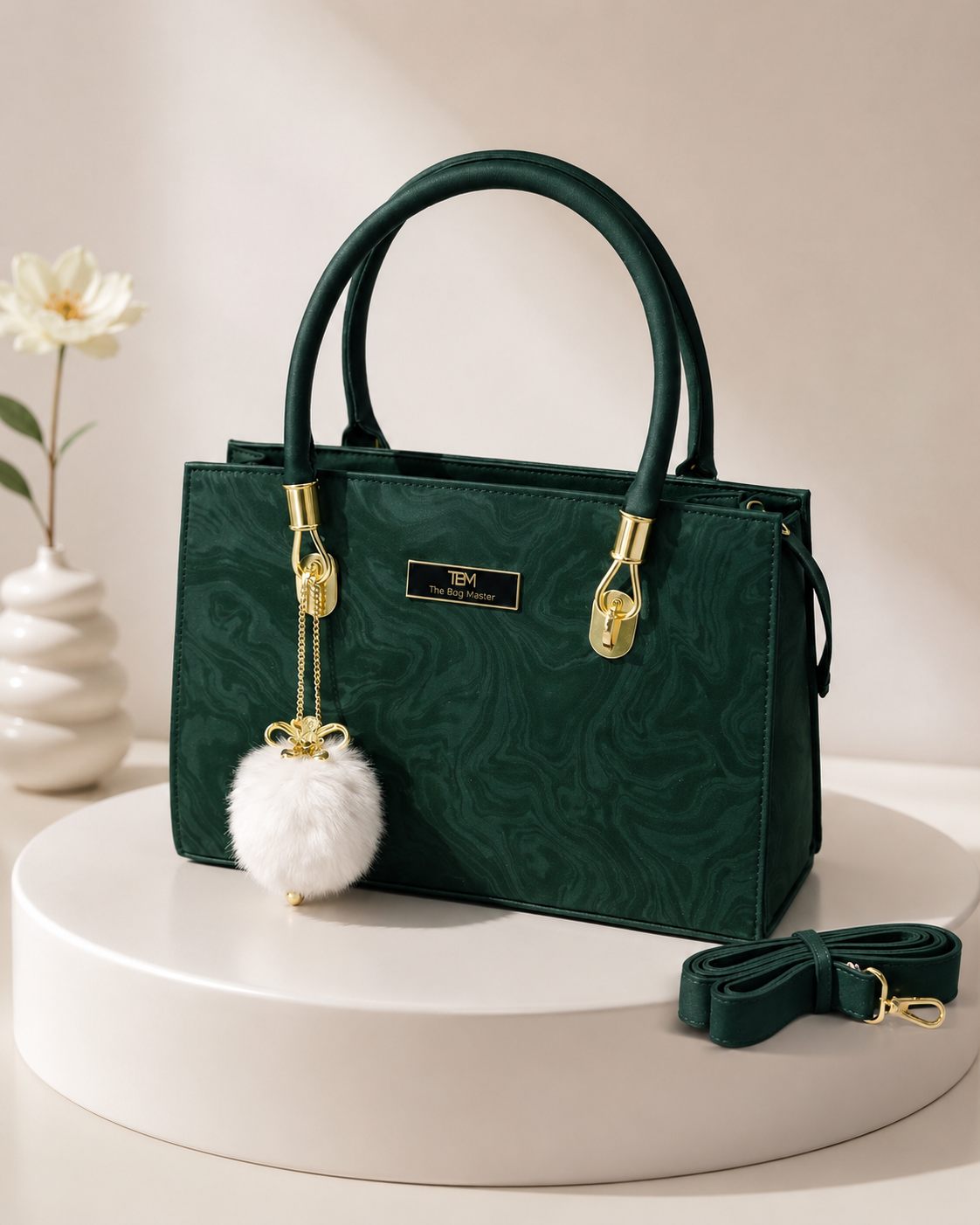 Charming Structured Handbag with Fluffy Charm