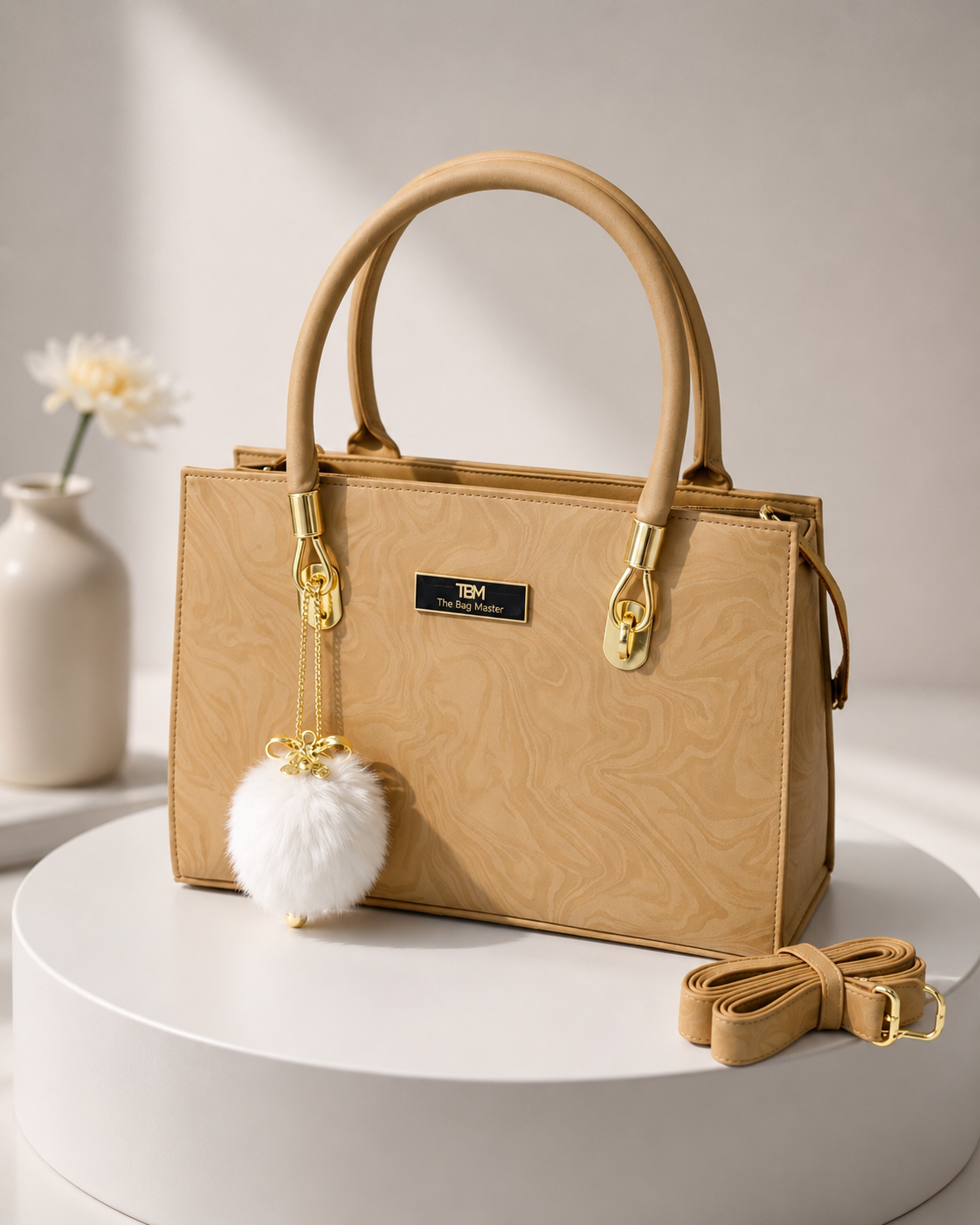 Charming Structured Handbag with Fluffy Charm
