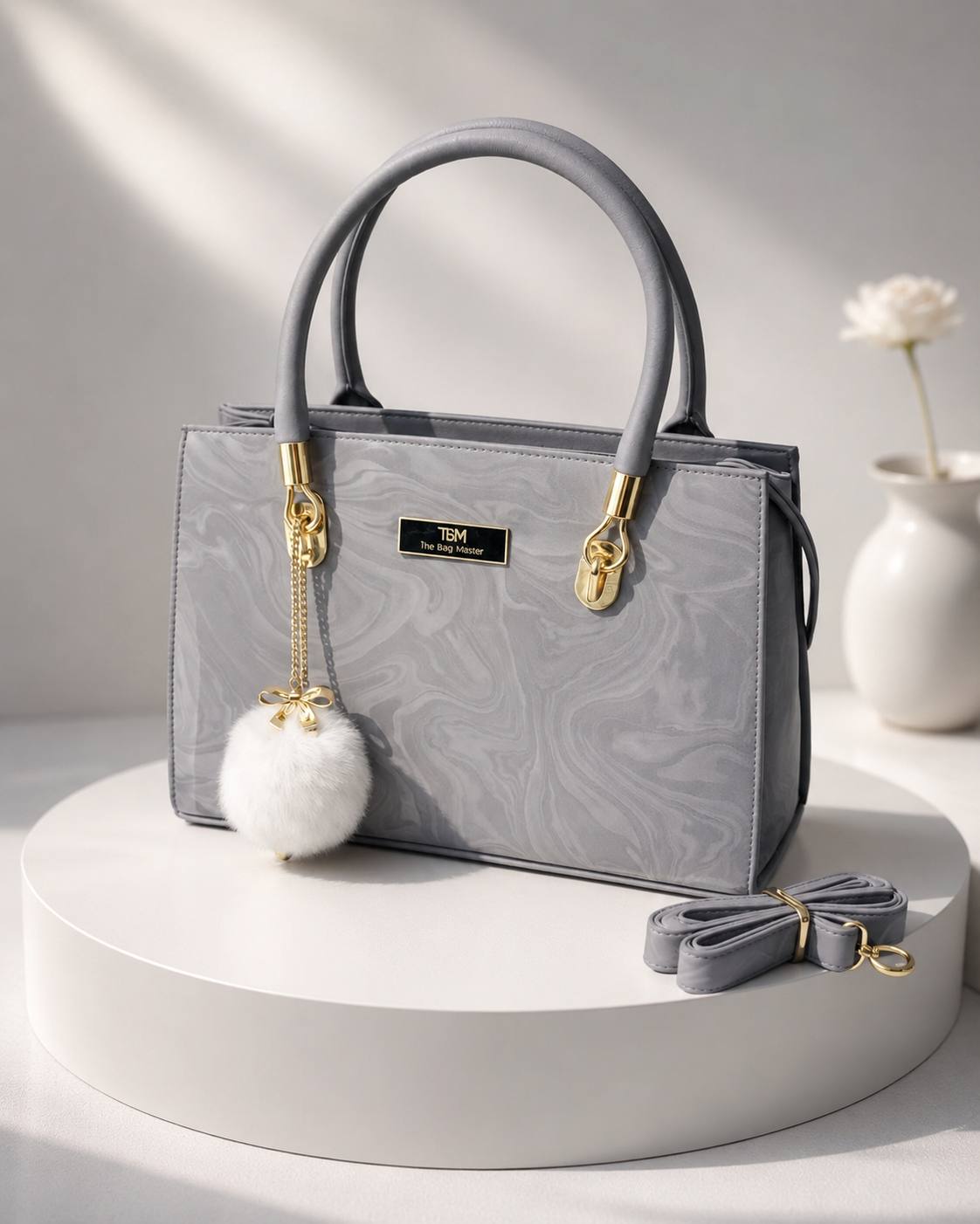 Charming Structured Handbag with Fluffy Charm