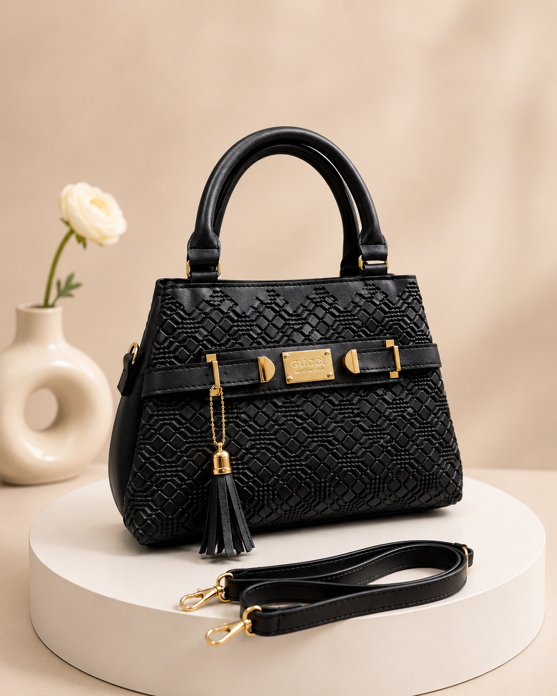 Classic Structured Handbag with Gold Accents