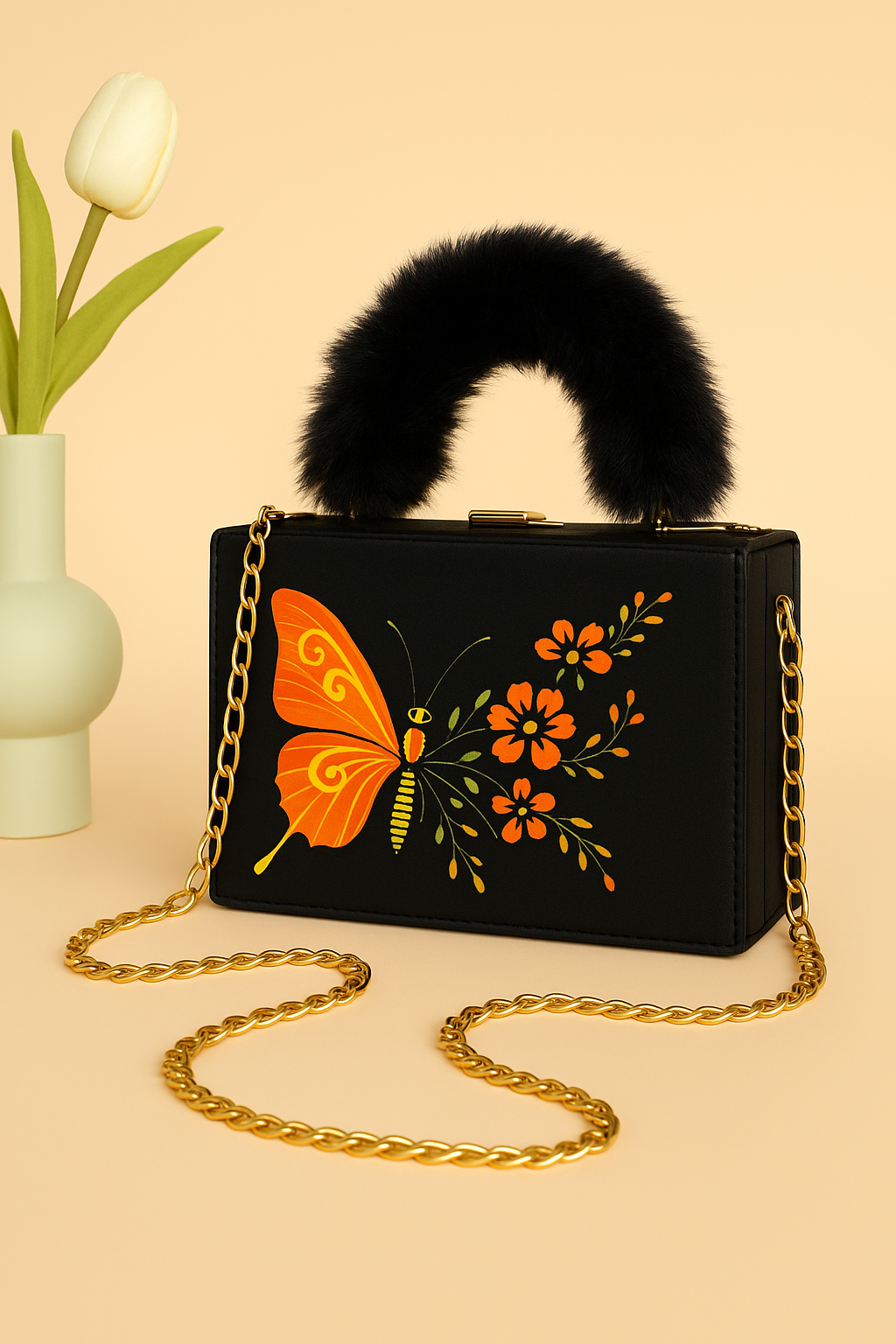 Butterfly Print Crossbody Bags with Furry Handle