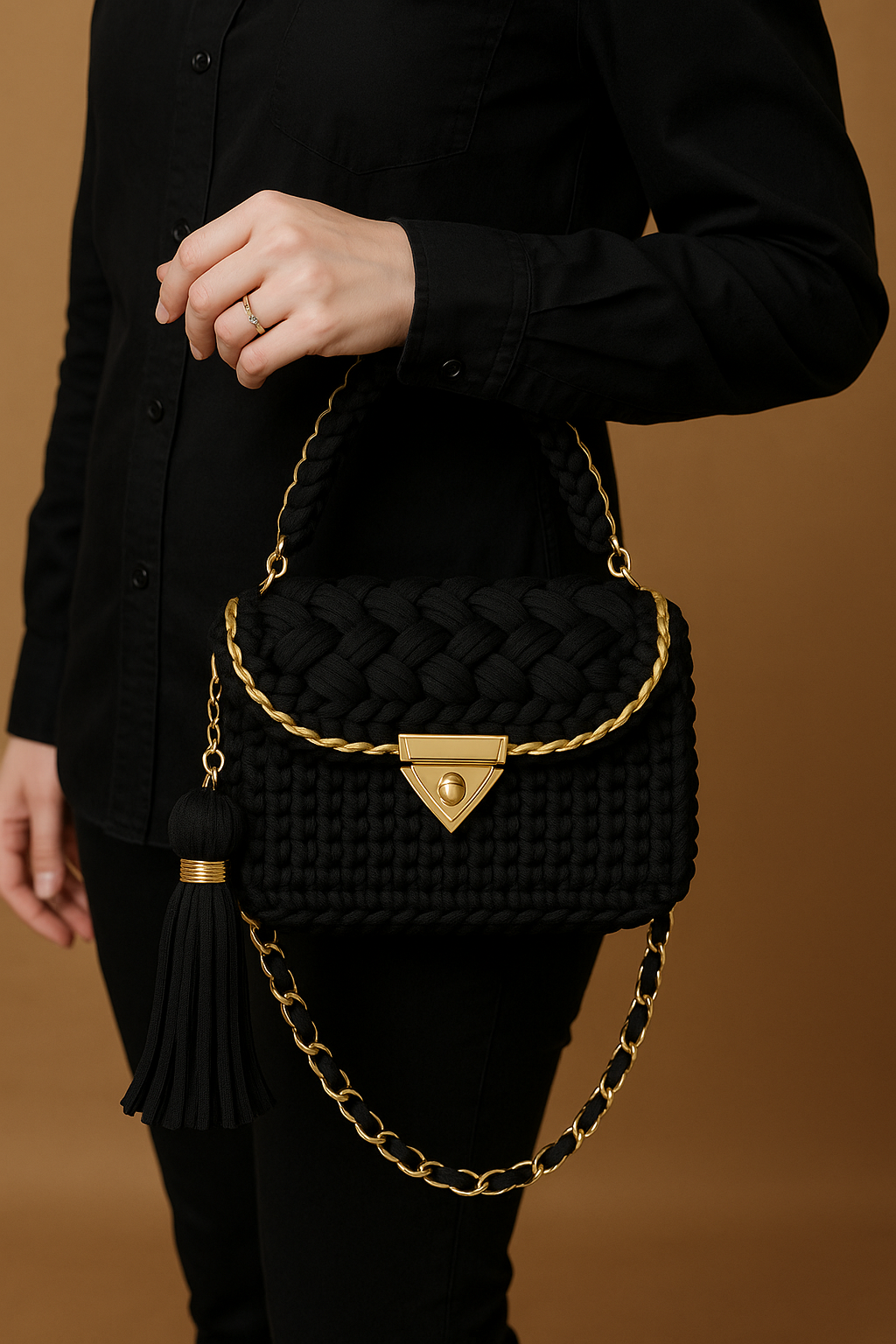 Black Crochet Handbag with Gold Detailing