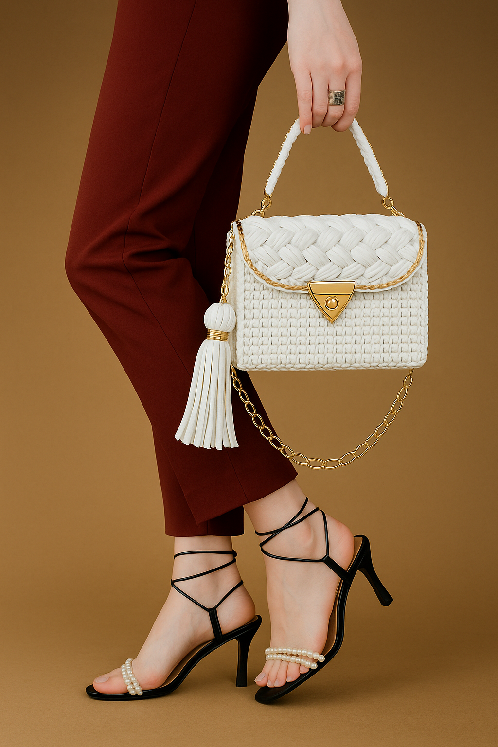White Crochet Handbag with Gold Accents