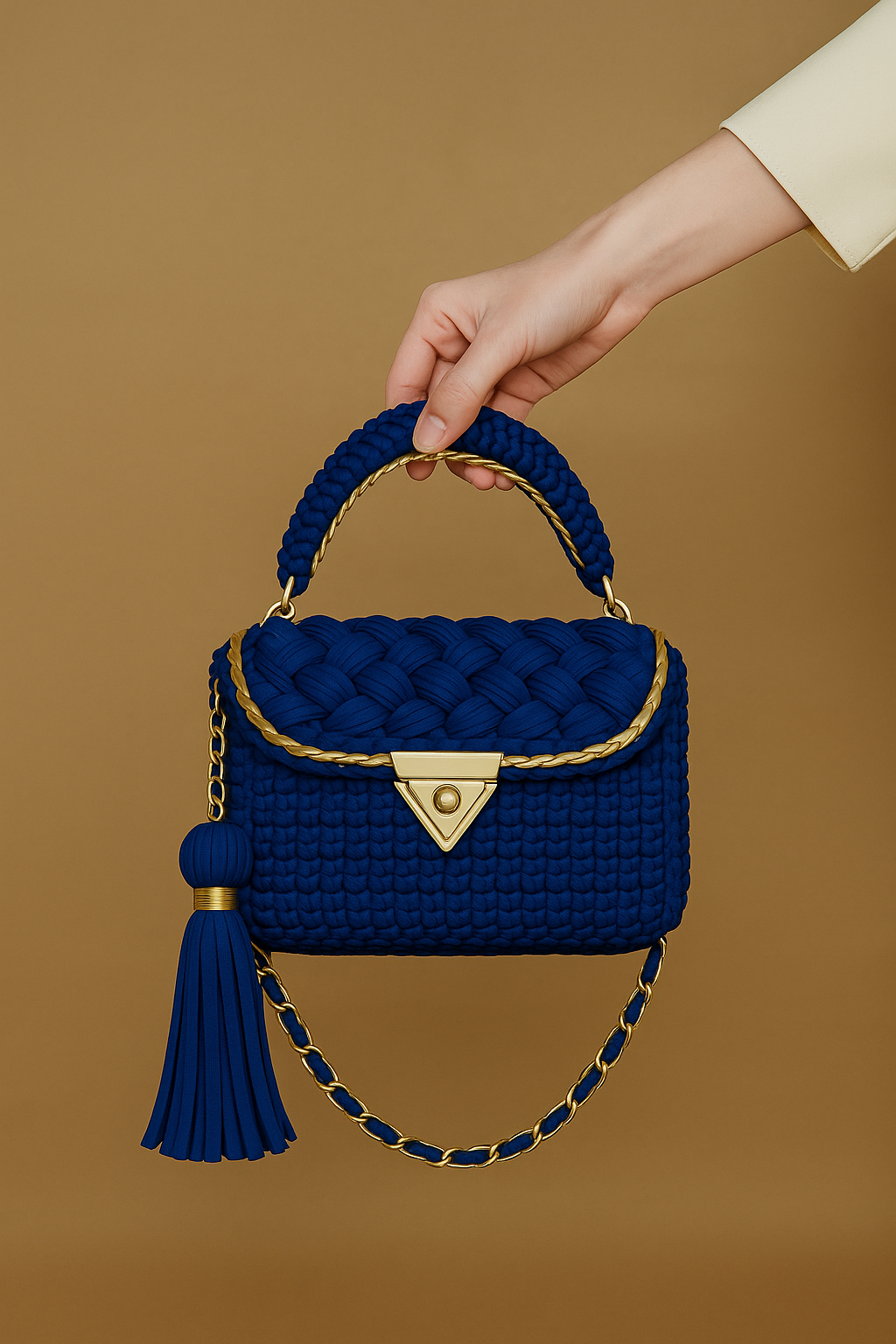 Royal Blue Crochet Handbag with Gold Trim