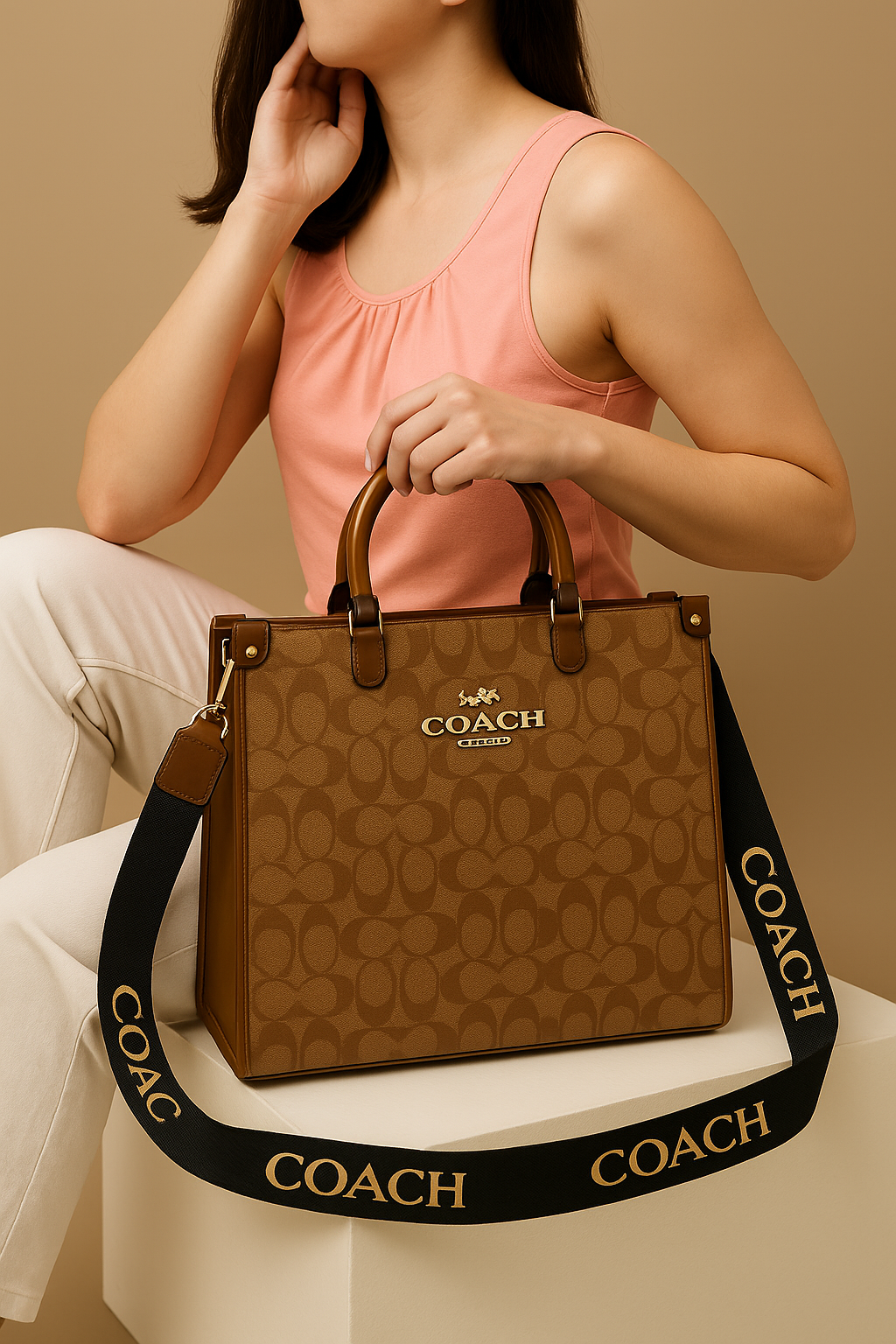 Elegant Signature Tote with Acrylic Handle & Printed Strap