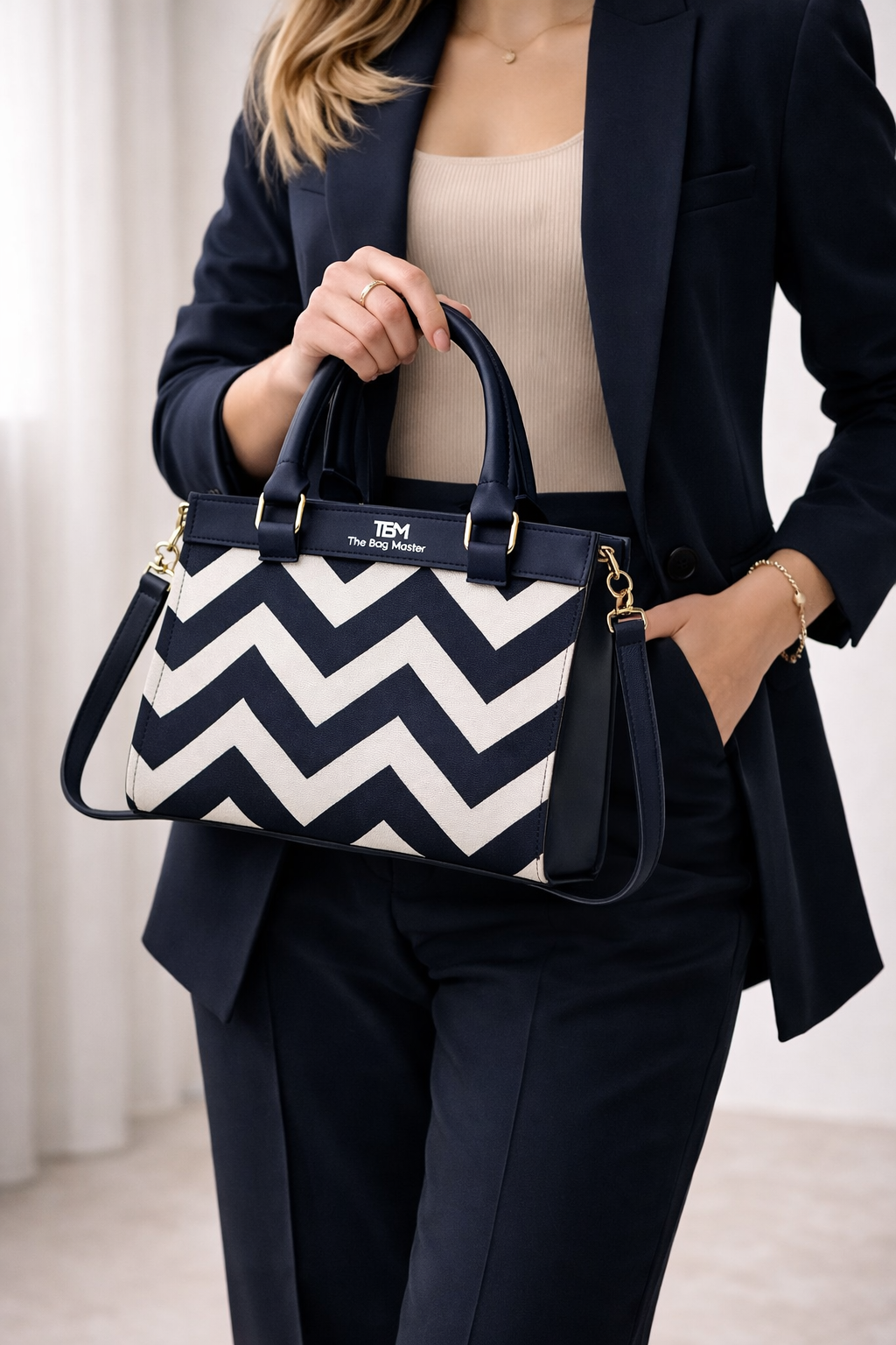 Classic Blue and White Chevron Pattern Top-Handle Bag