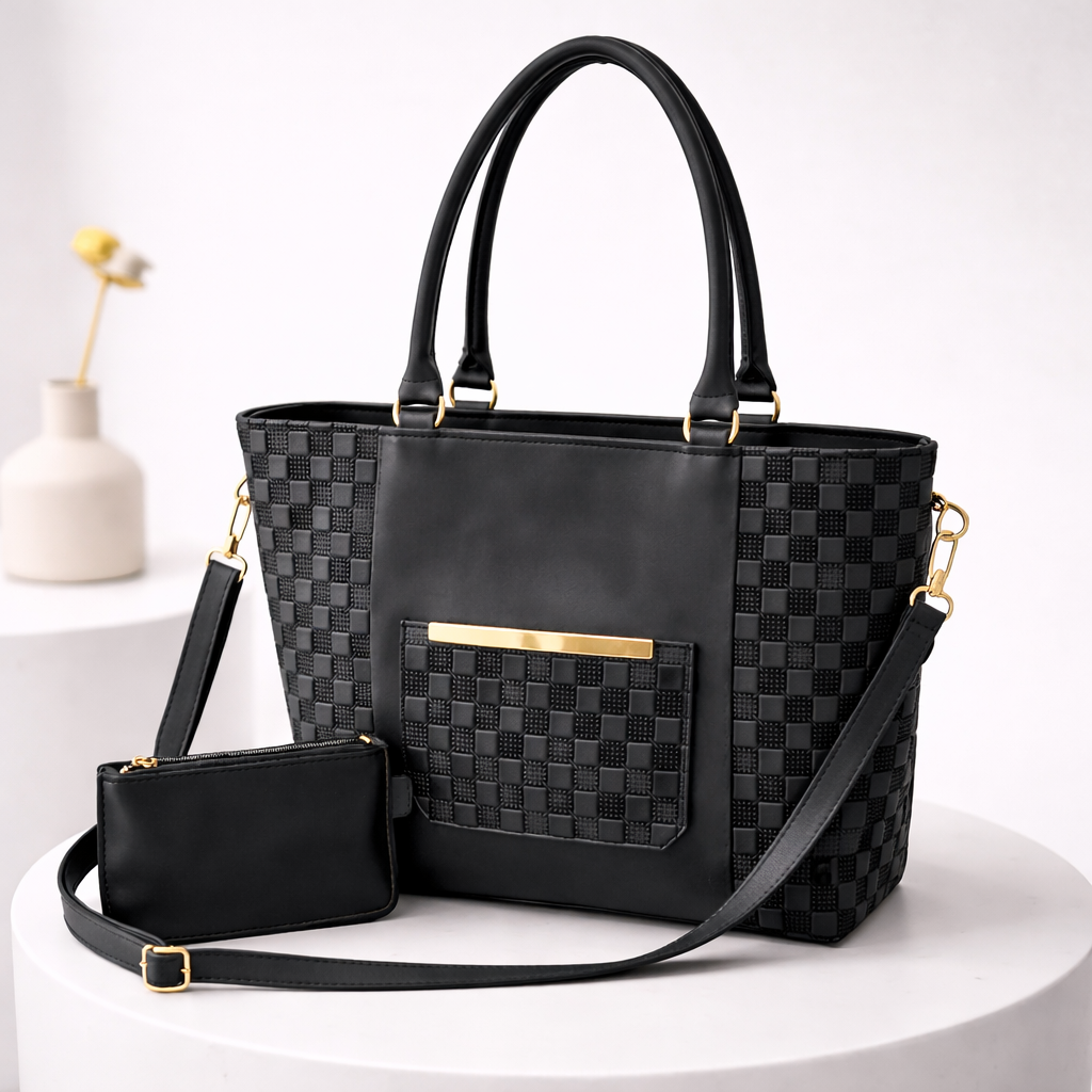 Woven Panel Tote Bag with Pouch