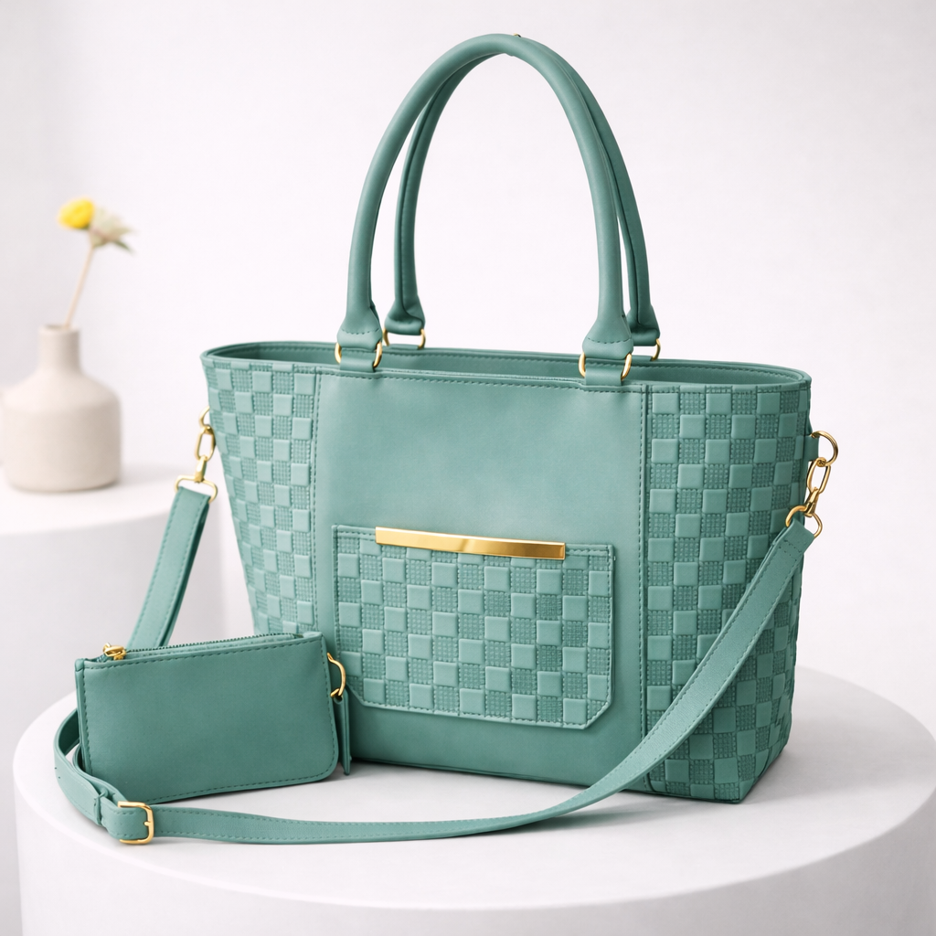 Woven Panel Tote Bag with Pouch