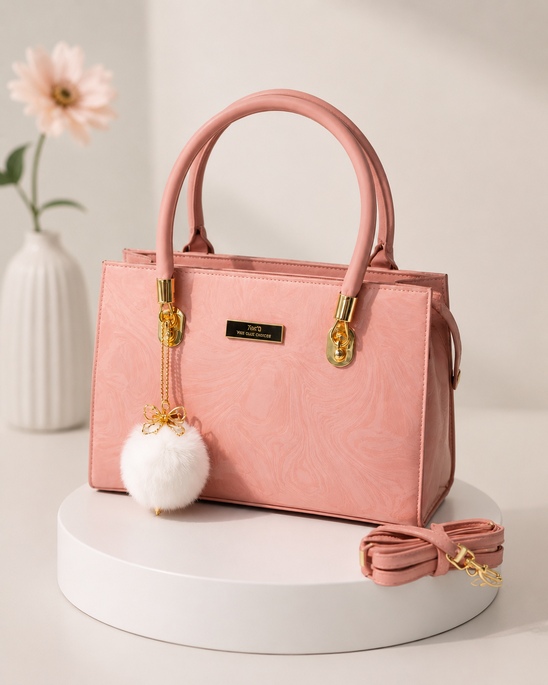Charming Structured Handbag with Fluffy Charm