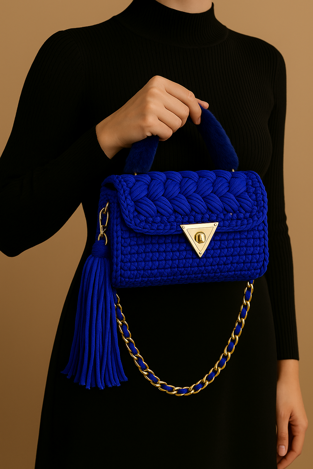 Blue Crochet Handbag with Gold Chain