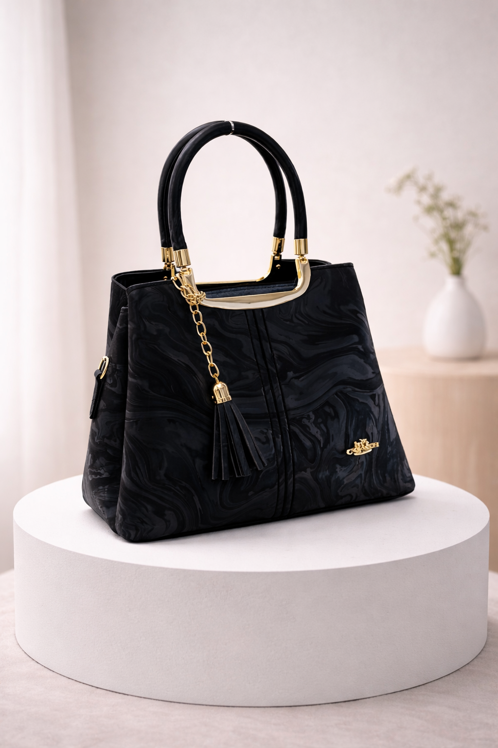 Caramel Marble Handbag with Gold Accents