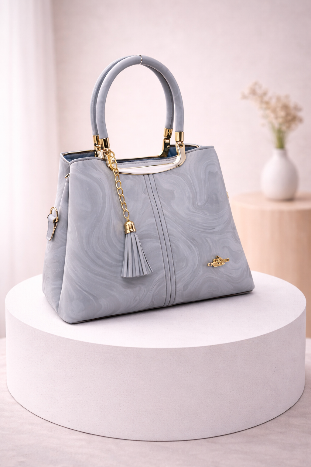 Caramel Marble Handbag with Gold Accents