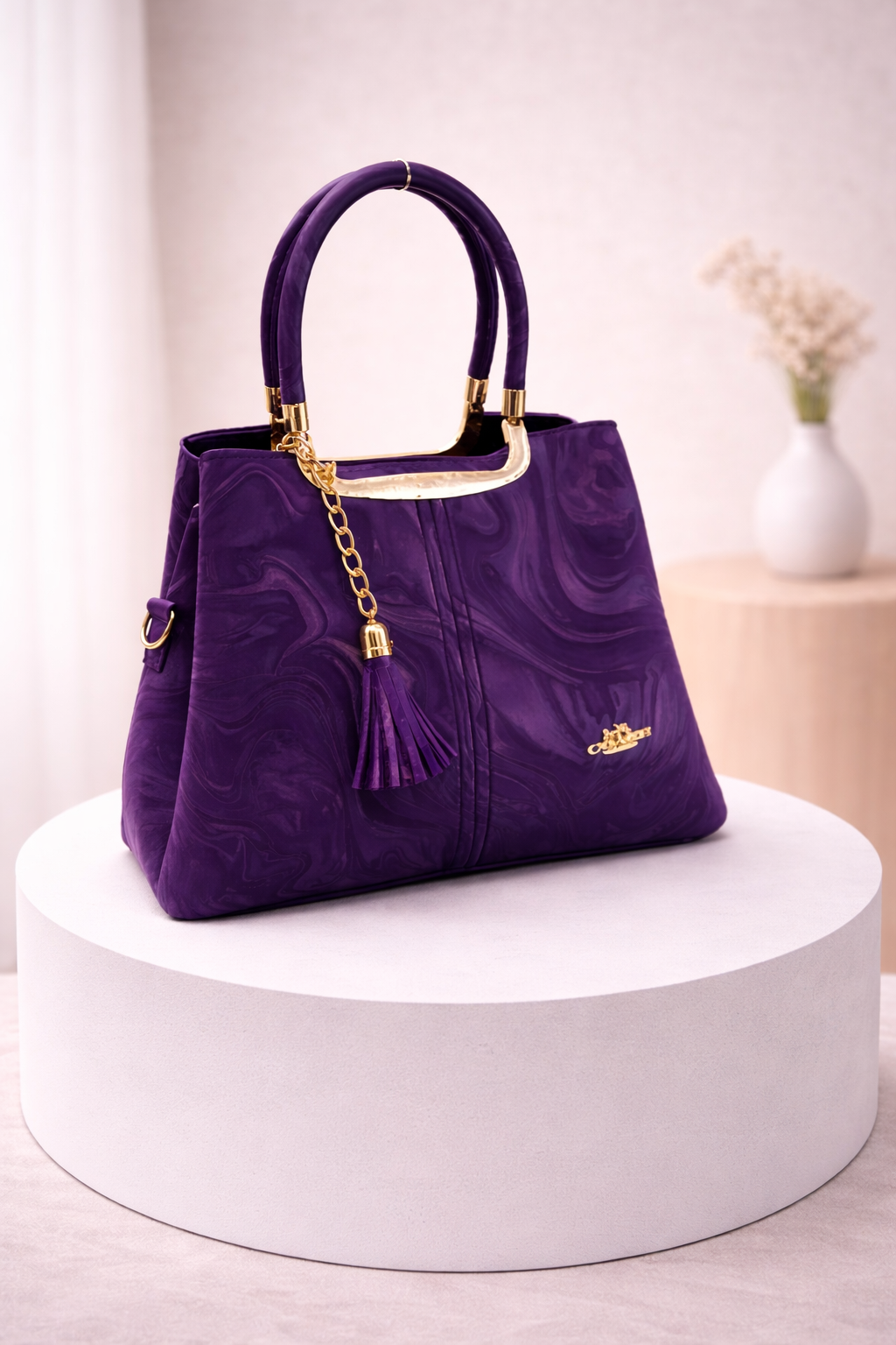 Caramel Marble Handbag with Gold Accents