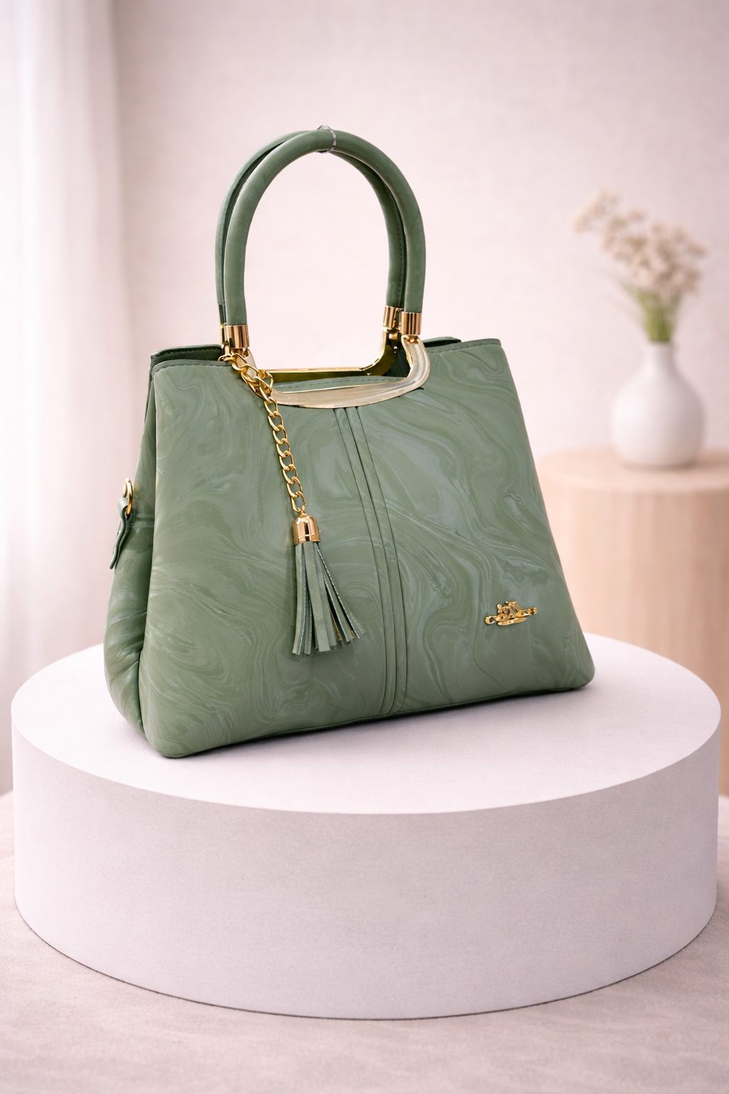 Caramel Marble Handbag with Gold Accents
