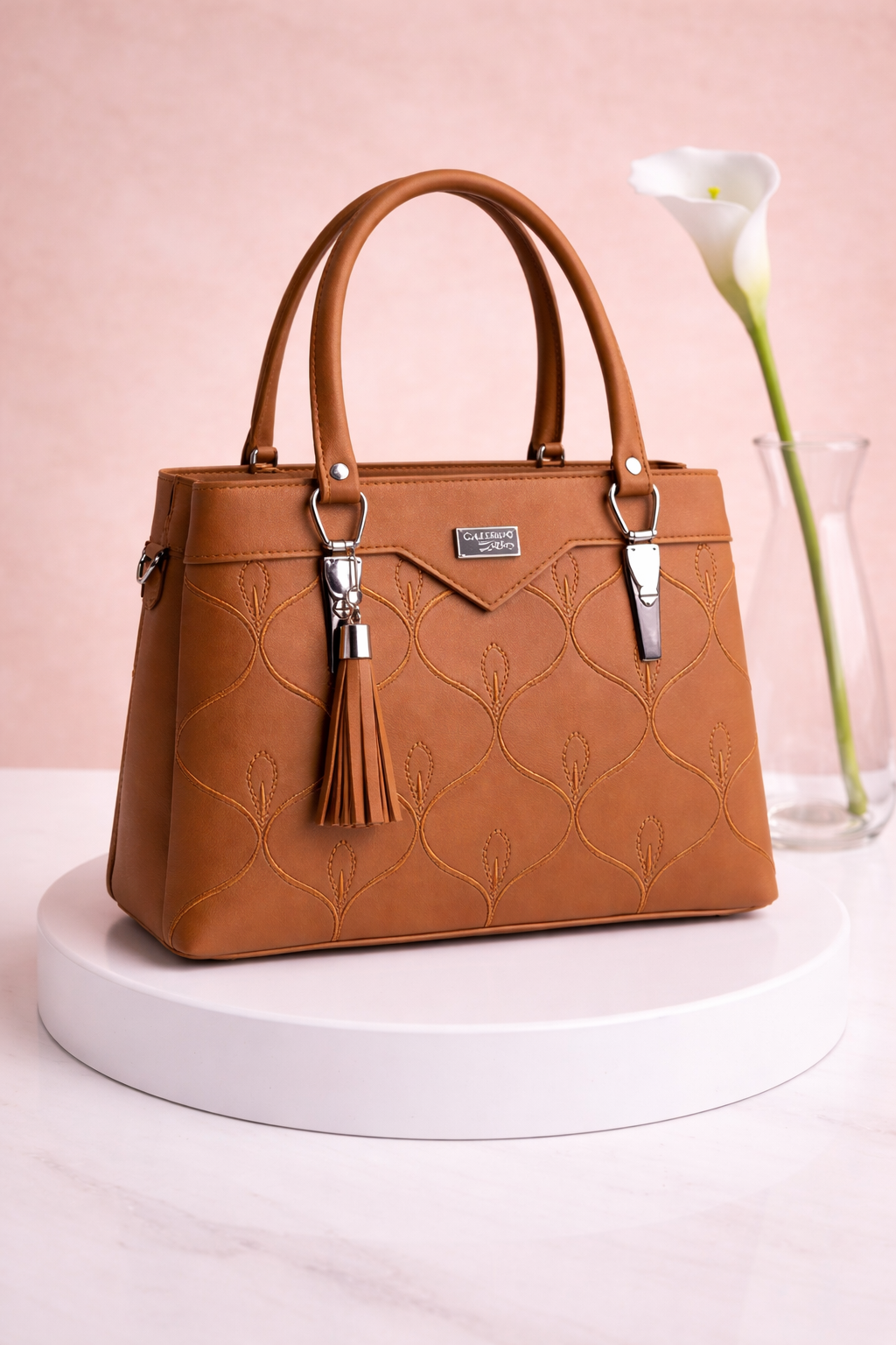 Chic Brown Structured Handbag with Tassel Charm