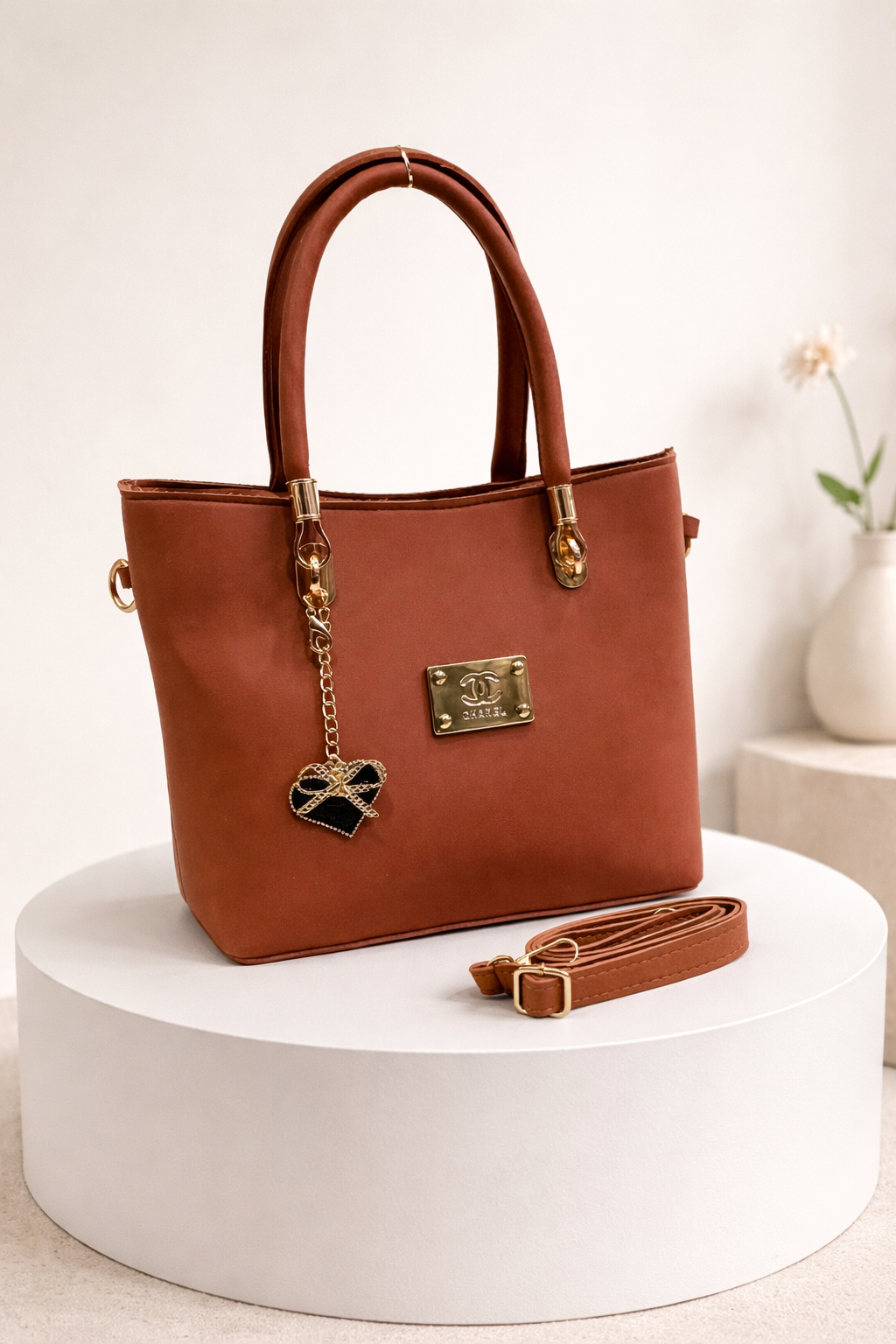 Gold-Accented Handbag with Detachable Strap