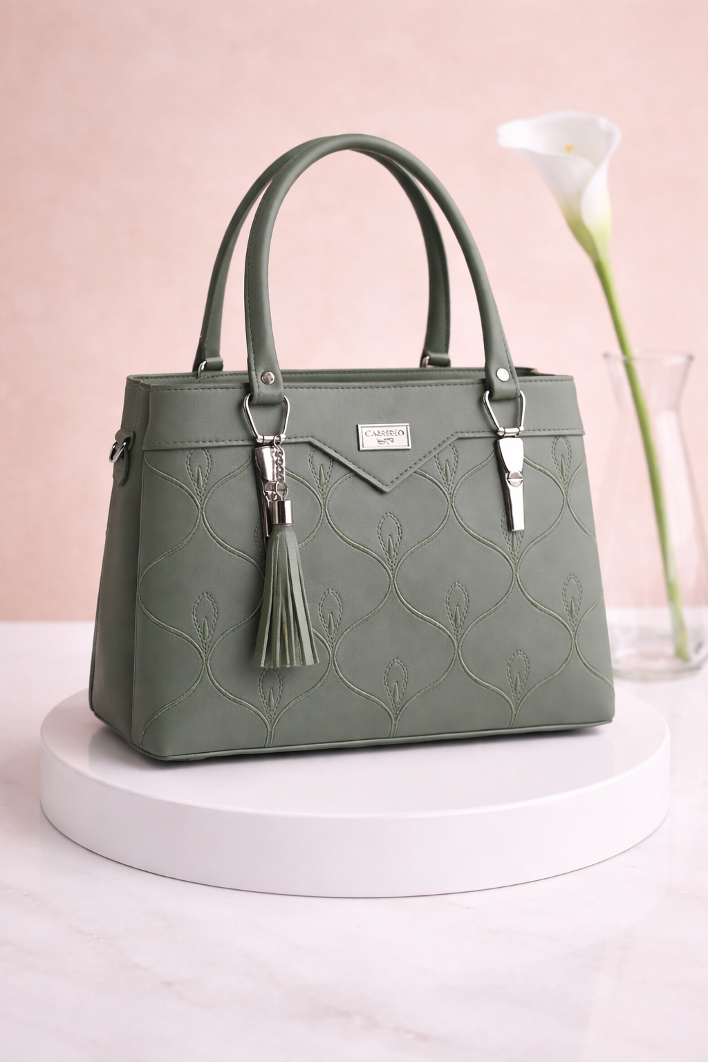 Chic Brown Structured Handbag with Tassel Charm