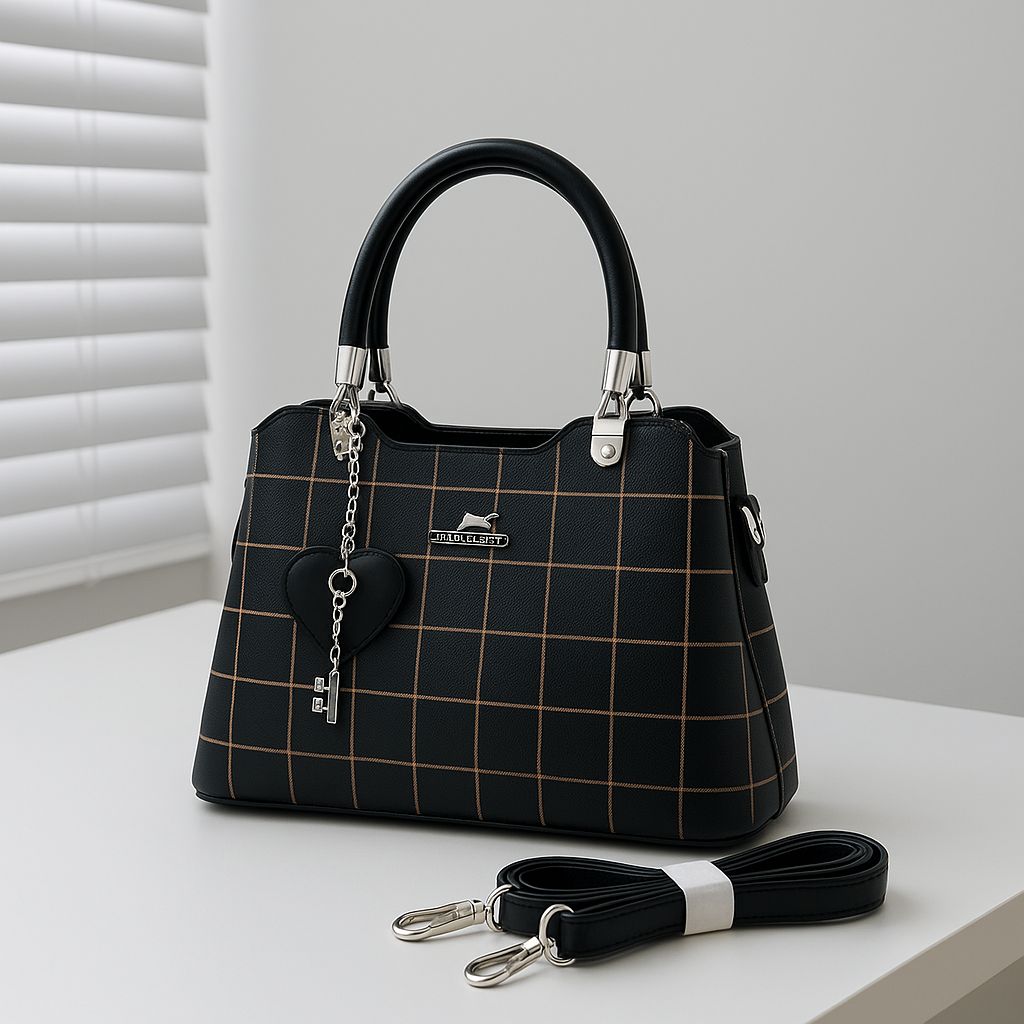 Luxury Checkered Handbag for Women – With Heart Keychain