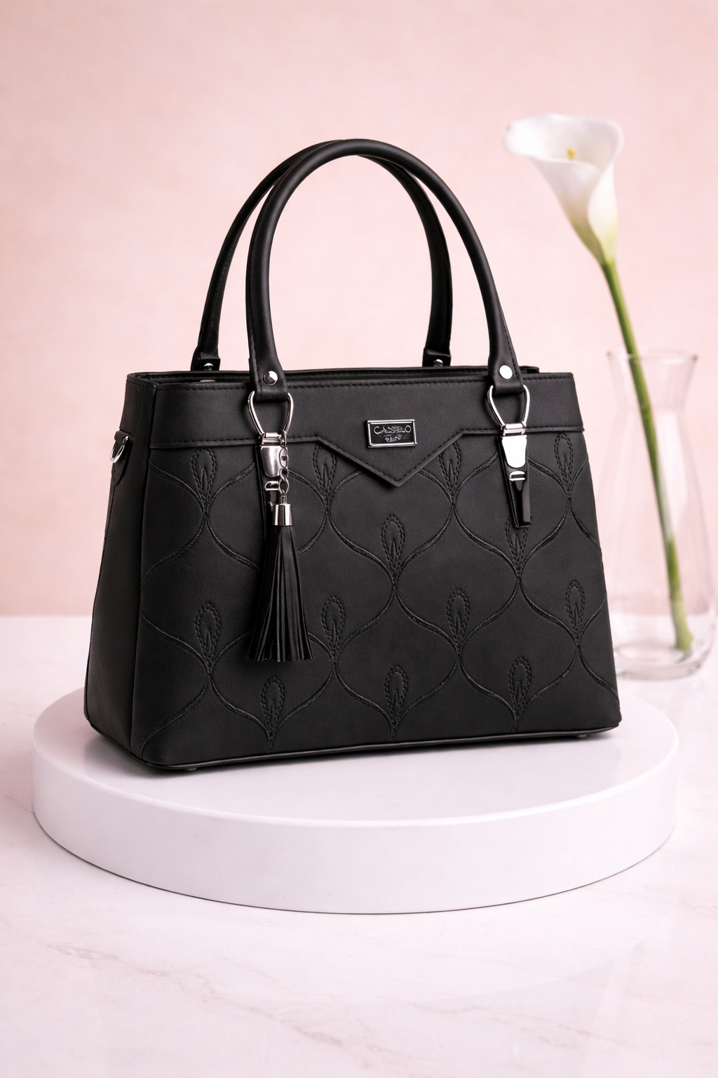 Chic Brown Structured Handbag with Tassel Charm