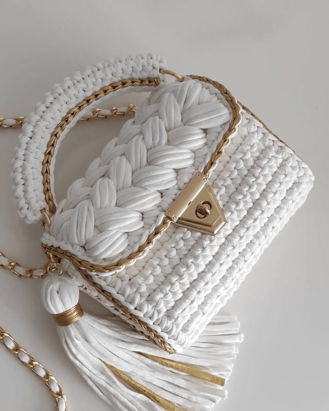 White Crochet Handbag with Gold Accents