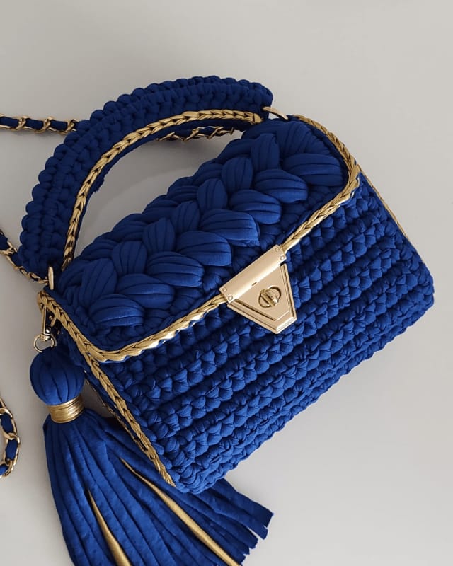 Royal Blue Crochet Handbag with Gold Trim