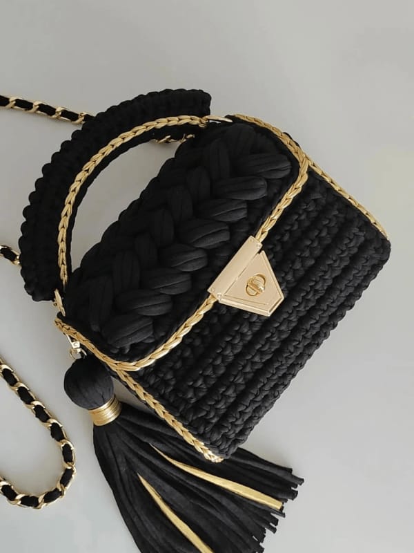 Black Crochet Handbag with Gold Detailing