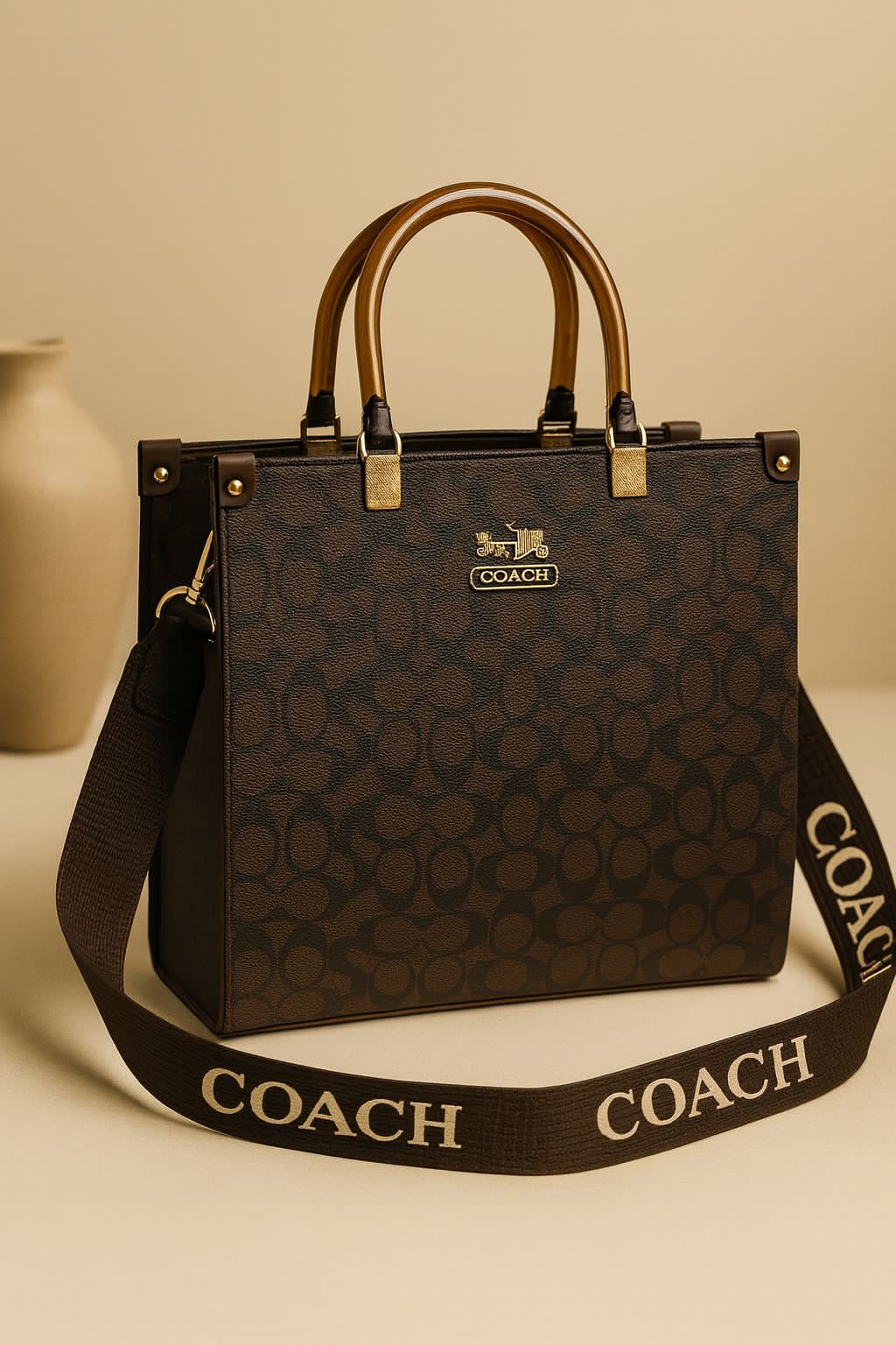 Elegant Signature Tote with Acrylic Handle & Printed Strap