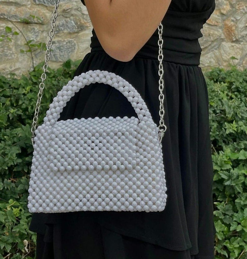 Frost White Beaded Handbag