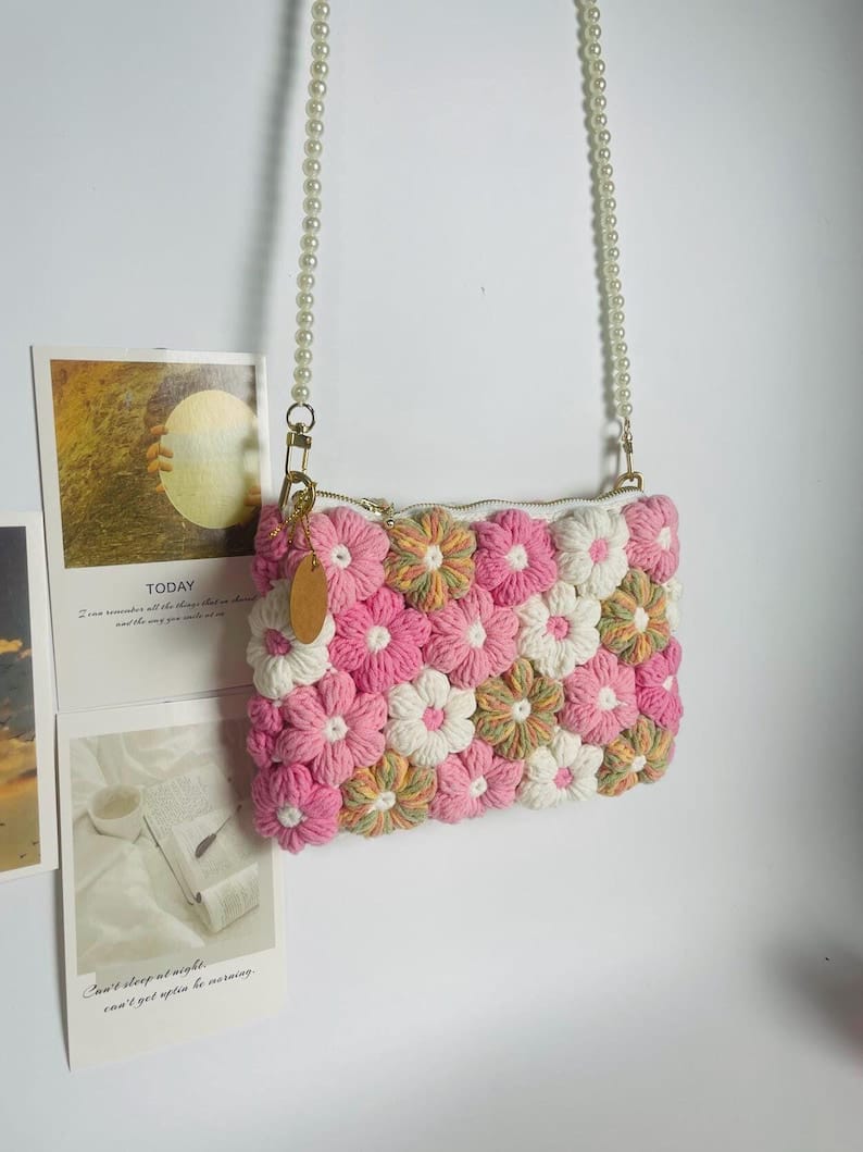 Pink Blossom Crochet Clutch with Pearl Strap