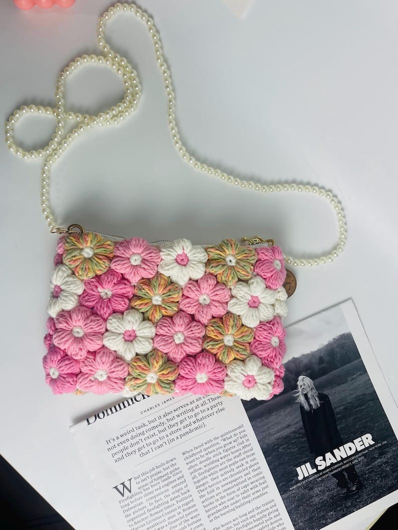 Pink Blossom Crochet Clutch with Pearl Strap