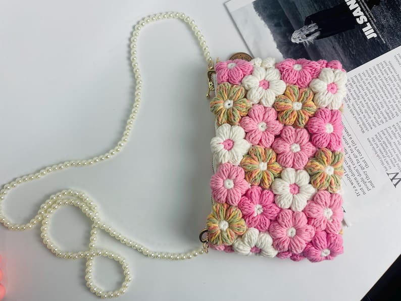 Pink Blossom Crochet Clutch with Pearl Strap