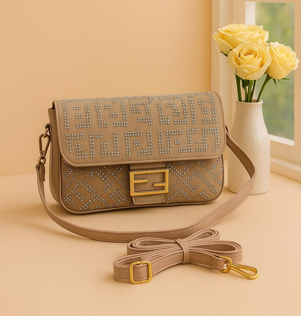 Studded Pattern Crossbody Bag with Gold Lock