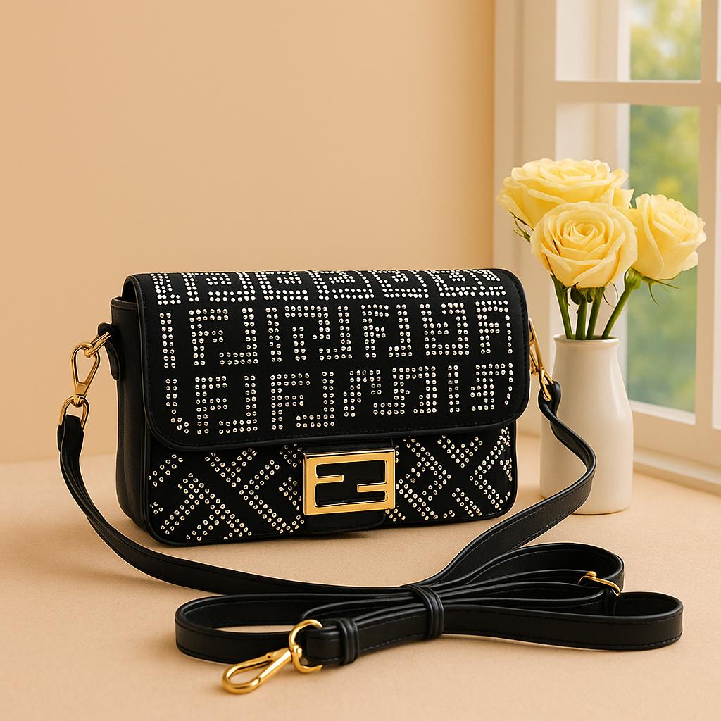 Studded Pattern Crossbody Bag with Gold Lock