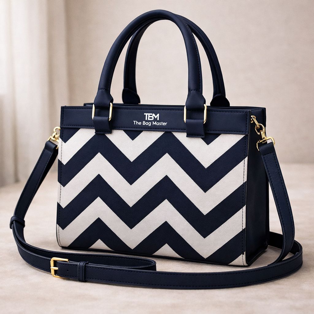 Classic Blue and White Chevron Pattern Top-Handle Bag