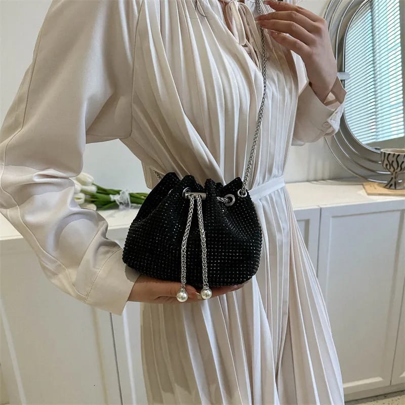 Black Crystal Drawstring Bucket Bag