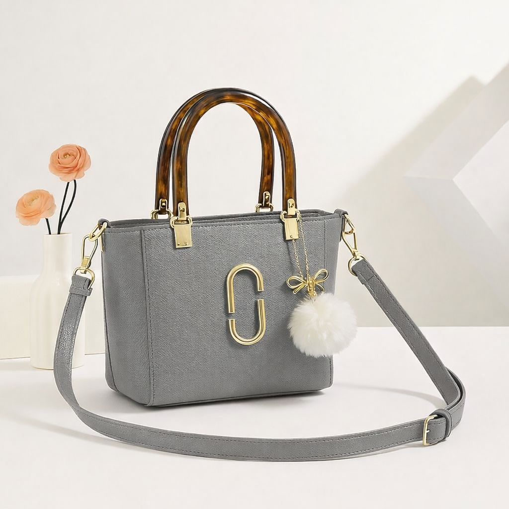 Structured Handbag with Faux Fur Charm