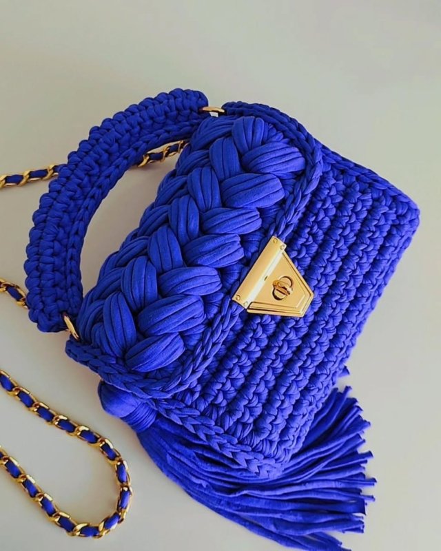 Blue Crochet Handbag with Gold Chain
