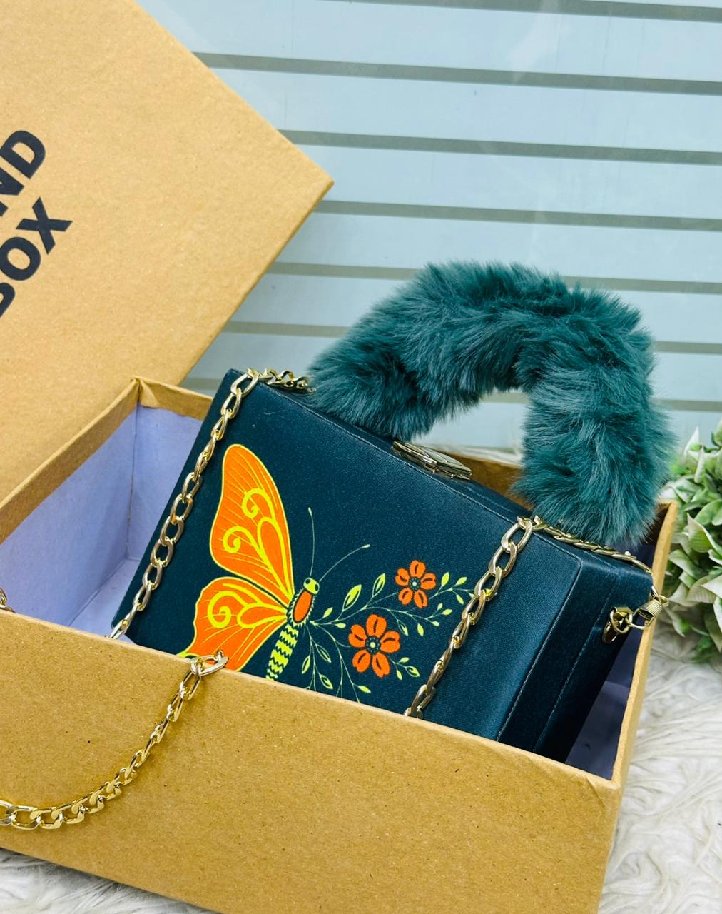 Butterfly Print Crossbody Bags with Furry Handle