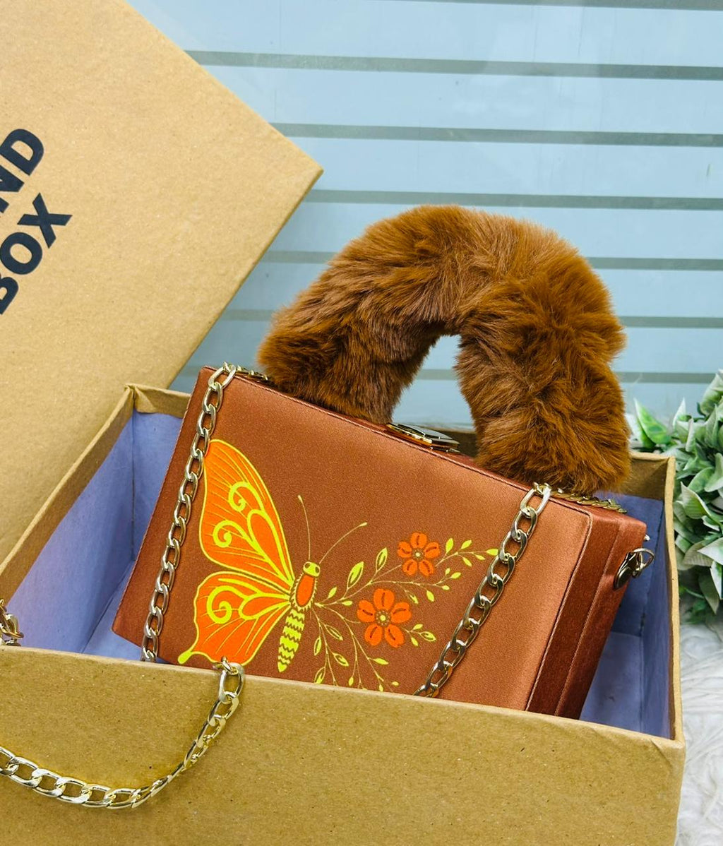 Butterfly Print Crossbody Bags with Furry Handle